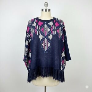 Umgee‎ USA Bohemian Fringe Poncho Sweater Aztec Knit Pink Blue S/M Oversized